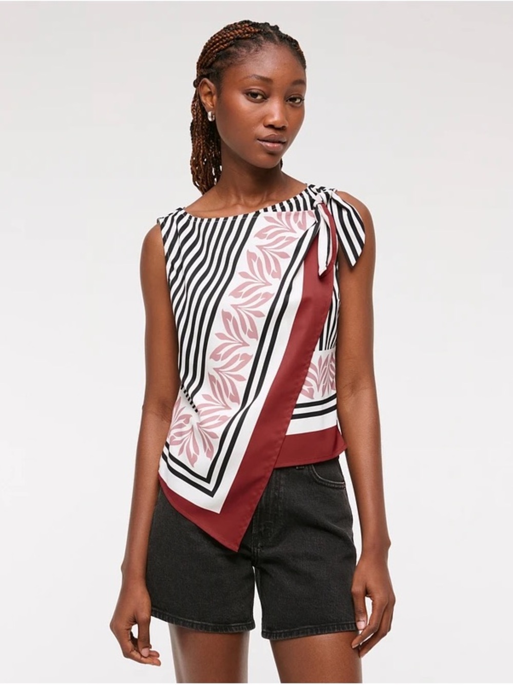 Abercrombie & Fitch Pink, Black & Burgundy Printed Tie-Shoulder Sleeveless Top